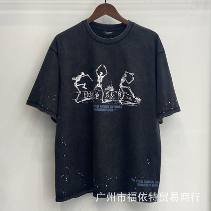 Cross-Border Far American Washed Distressed Short-Sleeved High Street Cross Lip Print Style Fashion Casual Loose Men's and Women's T-Shirts