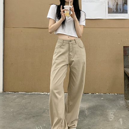 With inch women's clothing | 2025 loose Denim wide leg white straight pants women slim mop pants pear-shaped slim