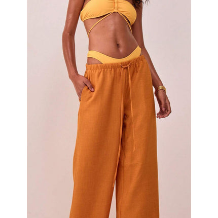 Cross-Border Bottoms Linen Texture Lace-Up Waist Pants Vacation Style Summer Bohemian Style Elegant
