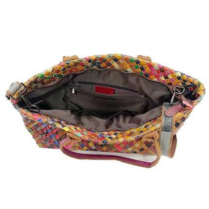 Cross-Border European and American Trendy Women's Bags, Colorful Cowhide Fashion Versatile Woven Shoulder Tote Genuine Leather Crossbody Bag Large Capacity