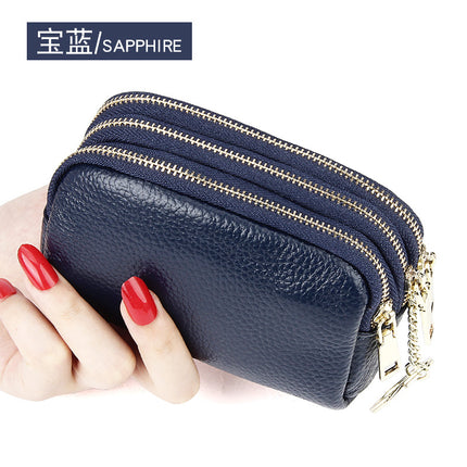 European and American First-Layer Cowhide Simple and Fashionable Mini Clutch Bag Three-Zip Coin Bag Key Coin Purse Genuine Leather