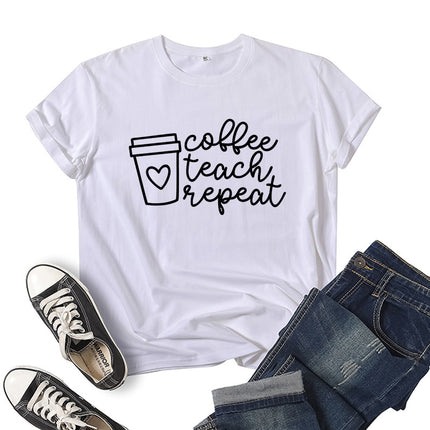 in stock Foreign Trade Cross-border Coffee Tea Repeat Printed Short-sleeved Crewneck T-shirt for European and American Men and Women