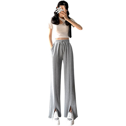 Grey Wide Leg Pants Women's Summer Thin 2024 New High Waist Dipped Loose Casual Mop Split Sports Pants