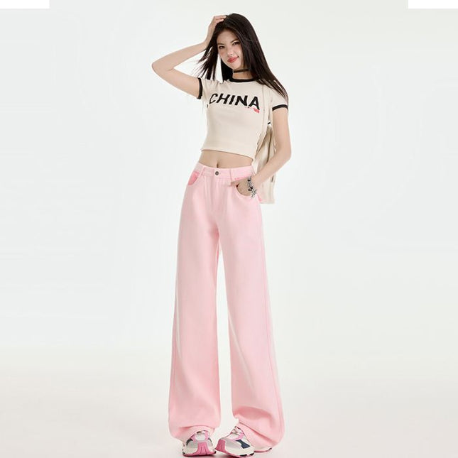 Spring 2025 New Pink High Waist Stitching Design Contrast Color Straight Jeans Women JEANS WOMEN