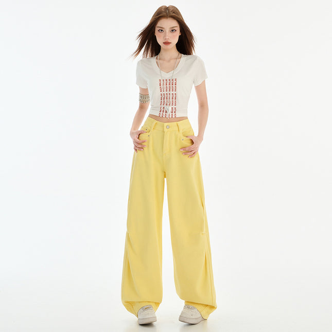 American Style High Waist Scimitar Wide Leg Jeans Women's 2025 Spring and Summer New Pleated Design Sense Loose Slimming Mop Pants