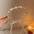 1#Creamy white rose pearl ribbon headband