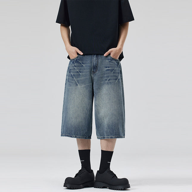 LKTM Men's# American High Street Washed Design Lightning Pattern Denim Shorts Men's and Women's Loose Wide Leg Cropped Pants