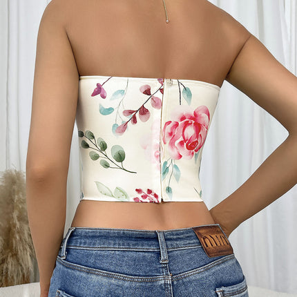 European and American Foreign Trade Cross-border Sexy Low-cut Backless Flower Wrapped Chest Diamond Fishbone Waist Ultra-short Strapless Top
