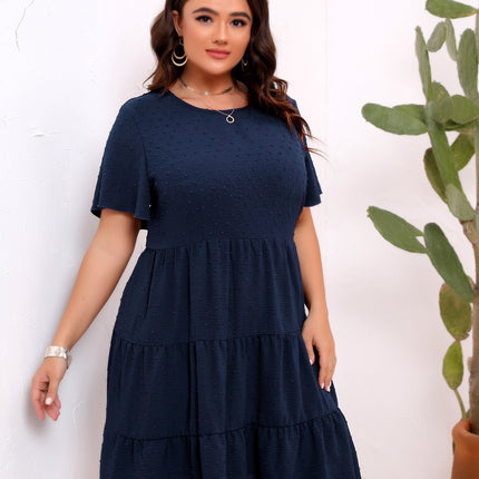 Large Size Round Neck Fur Ball Pleated Dress