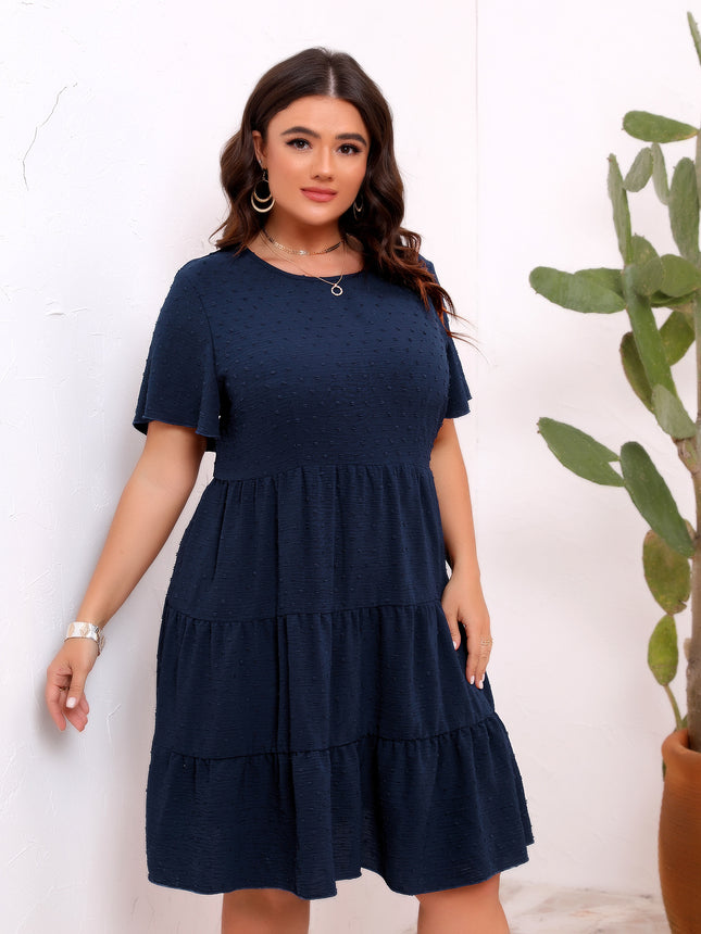 Large Size Round Neck Fur Ball Pleated Dress