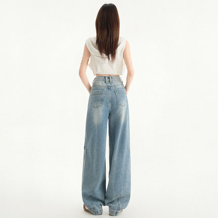 American Style High Waist Scimitar Wide Leg Jeans Women's 2025 Spring and Summer New Pleated Design Sense Loose Slimming Mop Pants