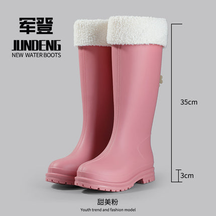 Women's High-Top Rain Boots, Outdoor Fashionable Versatile Waterproof Shoes, Kitchen Work Non-Slip Overshoes, Fleece-Lined Water Boots for Women