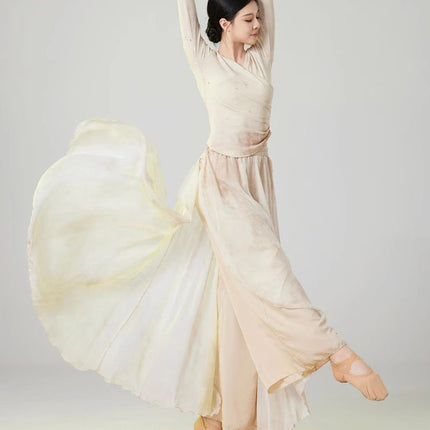 Classical Dance Printed Retro Slim Dance Clothing Tops Chinese Dance Ancient Style Body Training Clothing Short-Sleeved Gauze Clothing