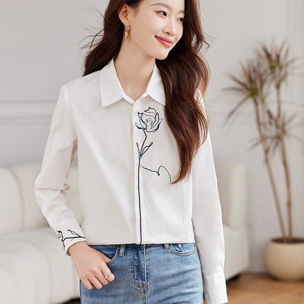 2025 Spring New Commuter Lapel Nail Drill Rose Embroidered Dark Placket Shirt Blouse Top
