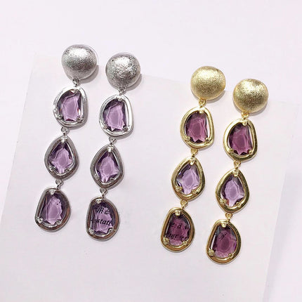European and American Fashion Quicksand Gold and Silver Colorfuled Crystal Asymmetrical Multi-Faceted Colorfuled Stone Earrings Cold Style Earrings