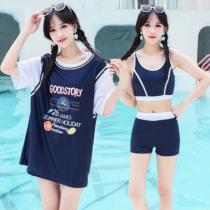 Swimsuit Women's Split Blouse Mid-Sleeve Sun Protection Sports Three-Piece Set Belly Covering Conservative Hot Spring Swimsuit for Girls and Students