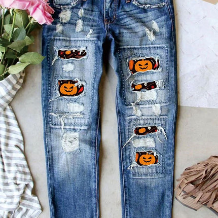Cross-Border Amazon Hot-Selling European and American Women's Ripped Printed Patch Jeans Mid-Waist Straight Pants in Stock
