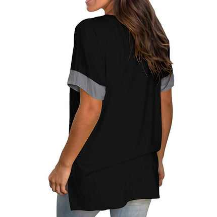 2024 Europe and the United States Spring and Summer Cross-Border New Women's Basic Solid Color V-Neck Short-Sleeve Stitching