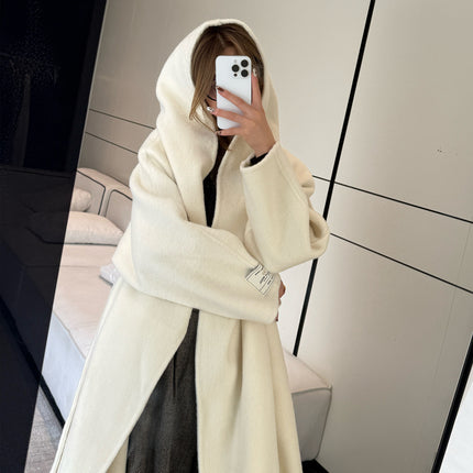 New Women's Autumn and Winter Extended Loose Korean Woolen Outwear Hooded Double-Sided Cashmere Outwear Women's Bathrobe Style