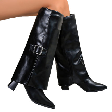 Over-The-Knee Fashion Boots for Women 2025 British Style with Belt Buckle Pointed Toe Chunky Heel Long Boots Foreign Trade Large Size Bootcut Boots