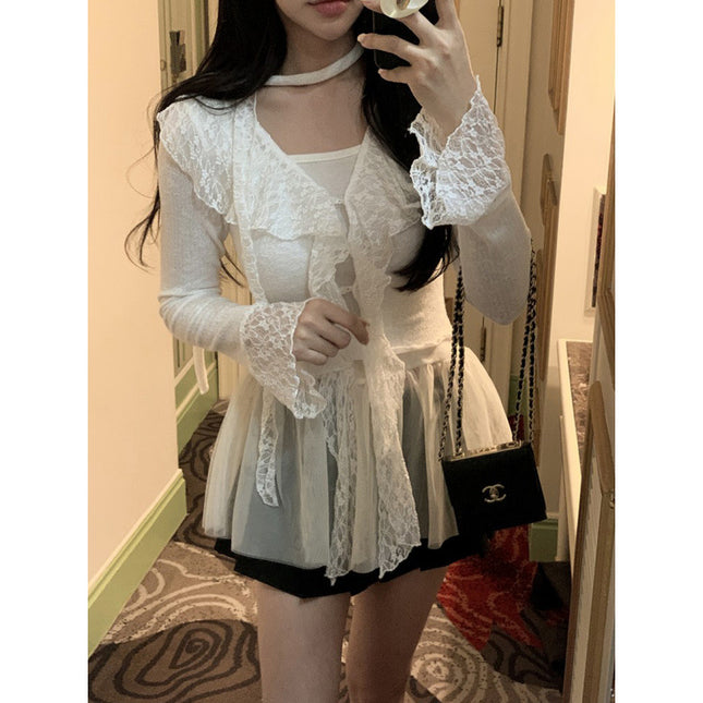 South Korea Dongdaemun New Product Touching Sexy Feminine Ruffled Ribbon Slim Lace Shirt sn