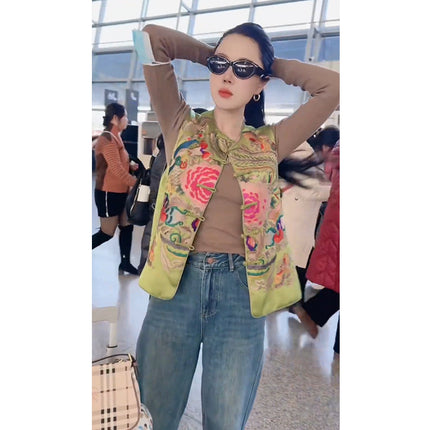 Petite New Chinese Style Retro National Style Old Money Tang Suit Green Button Vest 2024 Early Spring New Women's Clothing