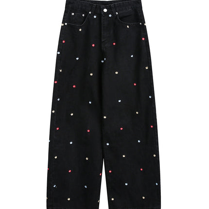 Youthful Campus Style Starry Sky Embroidered Urban Vibe Women's Loose Drape Slimming Straight-Leg Floor-Length Jeans