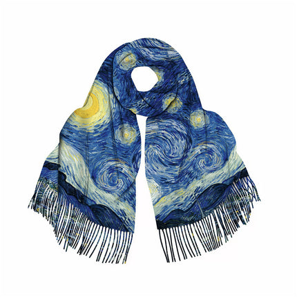 Winter Fashionable and Versatile Van Gogh Oil Painting Series Starry Sky Ladies Imitation Cashmere Long Scarf for Mother Shawl Warm Scarf