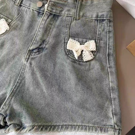 Sweet Hot Girl Lace Spliced Denim Shorts Women's Summer New High Waist Slimming Anti-Exposure Wide Leg Hot Pants