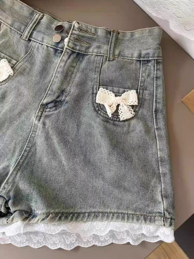 Sweet Hot Girl Lace Spliced Denim Shorts Women's Summer New High Waist Slimming Anti-Exposure Wide Leg Hot Pants