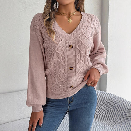 Clearance Sale: Instagram-Style Real-Shot Autumn and Winter Casual Buttoned Cable-Knit Lantern Sleeve Pullover Sweater, Independent Cross-Border Women's Fashion