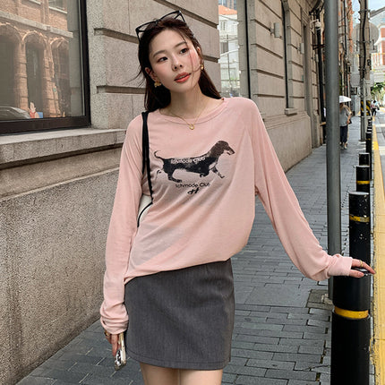 Lyocell Lazy Style Retro Dog Print Sun-Protective Long-Sleeve T-Shirt Summer Loose Versatile Top Blouse Versatile Top