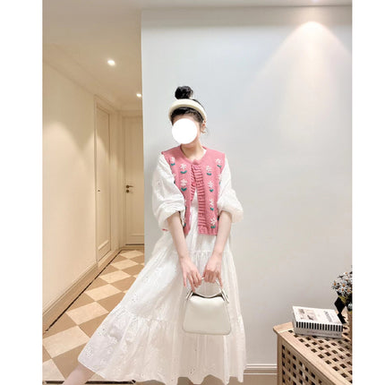 Spring 2023 New Loose Korean Style Sleeveless Knitted Pink Small Flower Sweater Vest White dress suit