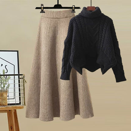 Autumn and Winter suit Women's 2024 New Design Sense High Neck Knitted Sweater Women's Covering Cross Slim Skirt Two-Piece Set