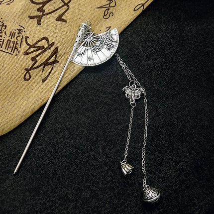 Antique Silver Fan Hanging Bell Hairpin Chinese High-end Hairpin Hair Hairpin Women's Hanfu Accessories Hair Accessories Xiuhe Headdress