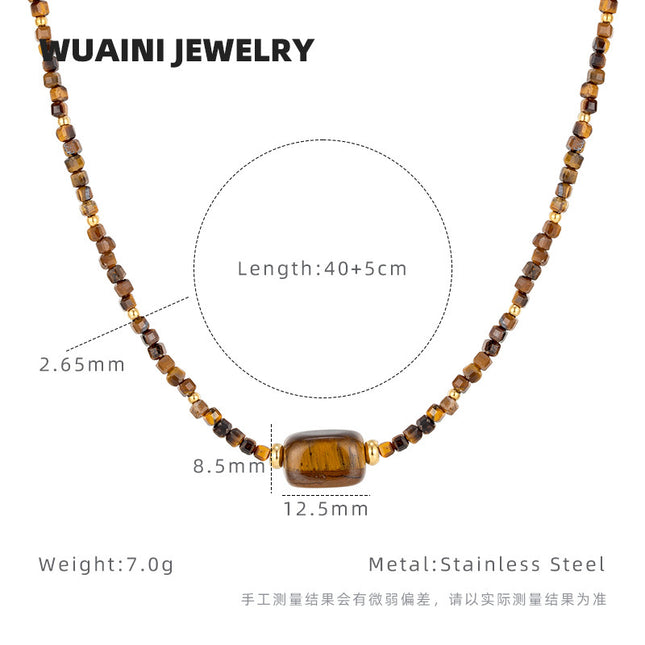 Retro Maillard tiger eye stone beaded necklace women do not fade high sense stacked clavicle chain niche pendant wholesale