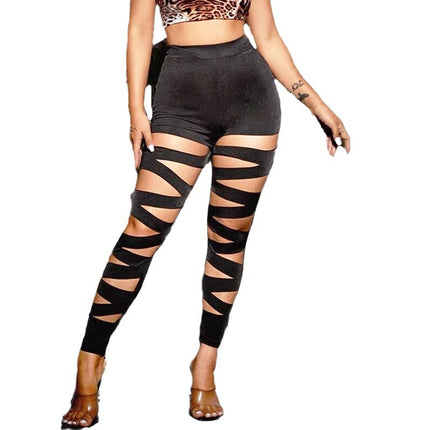 European and American style high waist strap design leggings black cross binding slim pants Sexy Slim tight pants