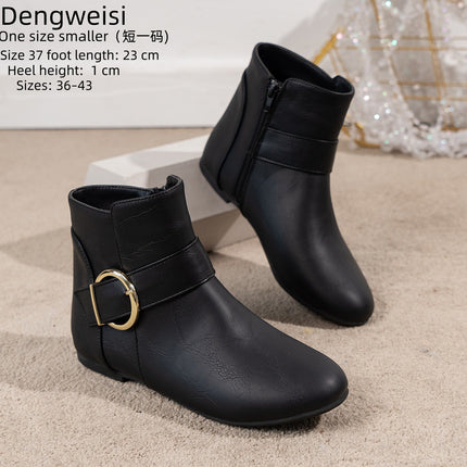 Free Shipping 2026 Spring New Style Large Buckle Side Zipper Women's Boots Flat Comfortable Low-Top European and American Versatile Short Boots