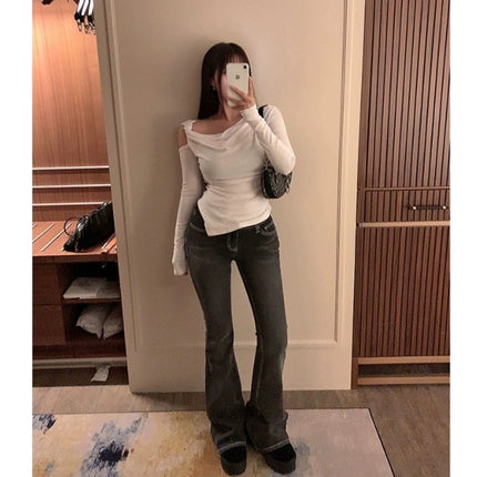 South Korea Dongdaemun Spring and Summer New Temperament Irregular Design Hollow Shoulder Slim Figure Long Sleeve T-shirt