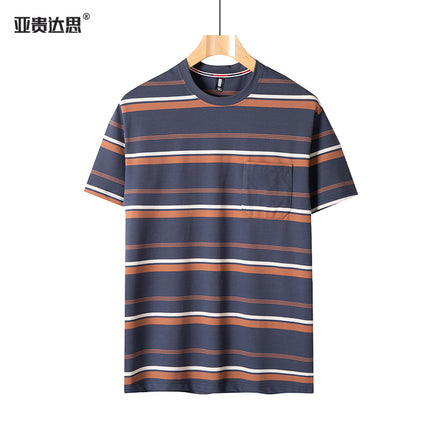 Dad summer striped short sleeve T-shirt new middle-aged men's round neck pocket loose middle-aged plus size top