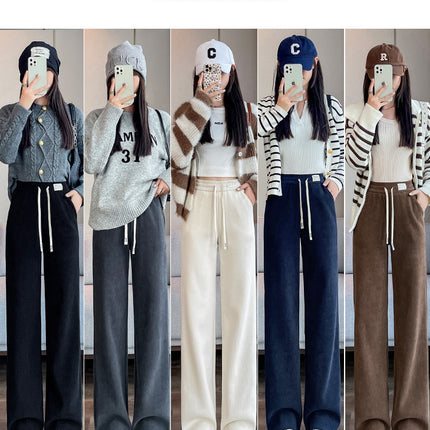 European velvet narrow fleece-lined wide-leg pants women's autumn and winter 2023 mopping casual thickened high slimming straight pants