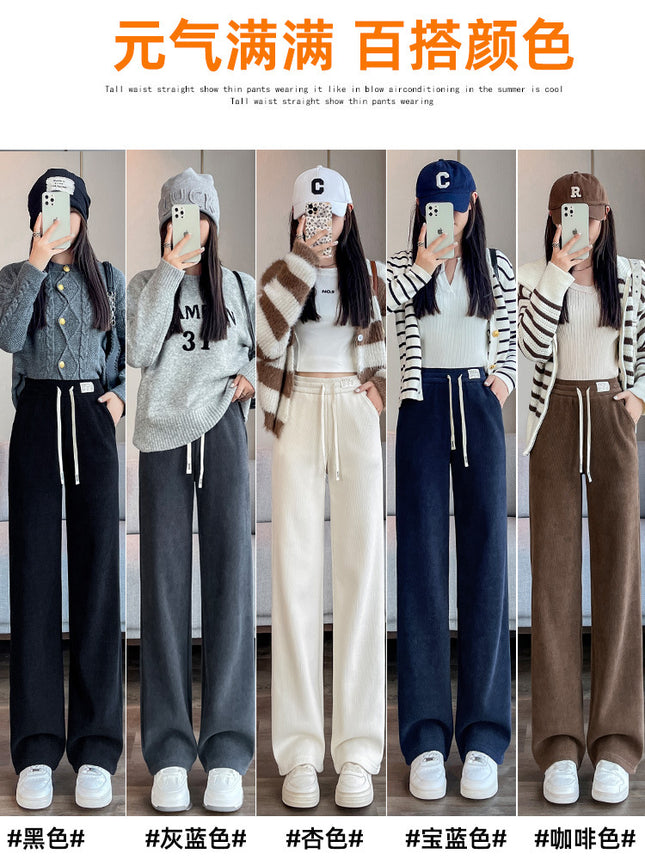 European velvet narrow fleece-lined wide-leg pants women's autumn and winter 2023 mopping casual thickened high slimming straight pants