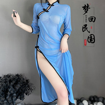 Sexy Perspective Side Fork Long Dress Uniform Republic of China Style Sexy Cheongsam Nightdress Sexy Underwear 2100