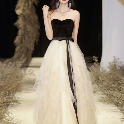High-end Evening Dress Mesh Patching Dress Women's High-end Texture Socialite Strapless Black Elegant New Style Women's Long Dress