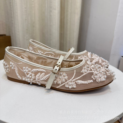 ZA new summer new fashion round toe flat shoes retro style mesh pearl embroidery mesh ballet shoes