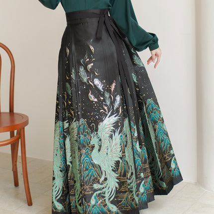 New Chinese Ming Han clothing suit 2024 Spring stand collar two-way shirt top green feather woven gold makeup flower vest skirt