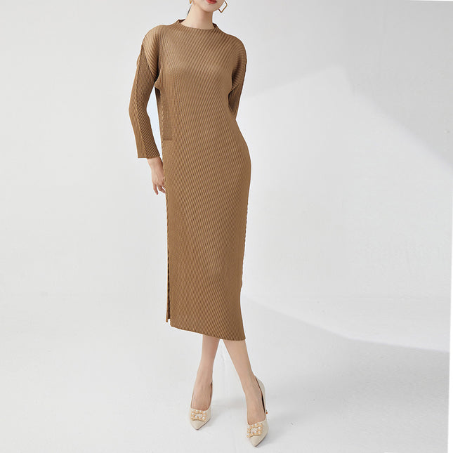 Early Autumn Women's Loose Long-sleeved All-match Fish-scale Pleated Miyake dress Western-style High-end Long Dress Elegant Base Dress