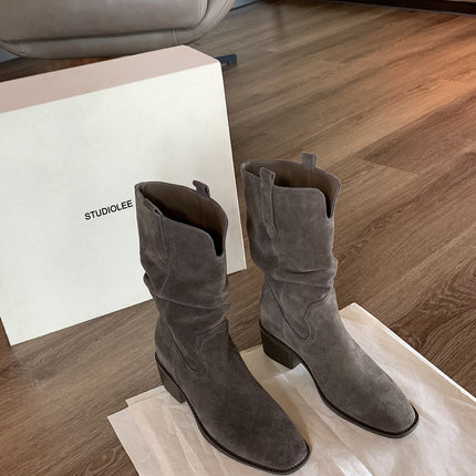 Cowhide Version ~ Slim Knight Boots 2025 New V-Mouth Thick Heel Heightening Slimming Large Tube Short Boots Women's Boots