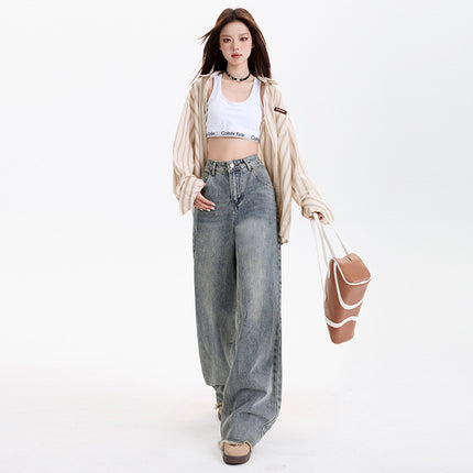 American Style Vintage Old-fashioned High Waist Fur Edge Wide Leg Pants Women's Spring New Straight Loose Slimming All-match Jeans for Women