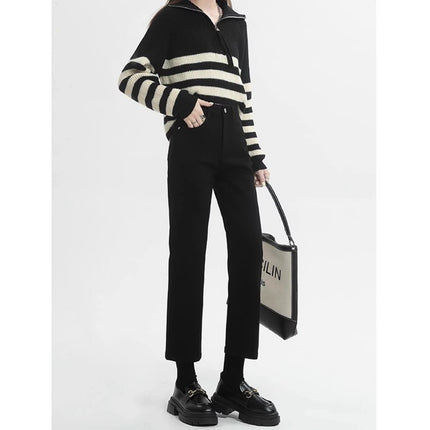 fleece-lined Thickened Black Straight-Leg Jeans Women's Trendy All-Match High Waist Slim-Fit Slim-Fit Hip Nine-point Smoke Tube Pants